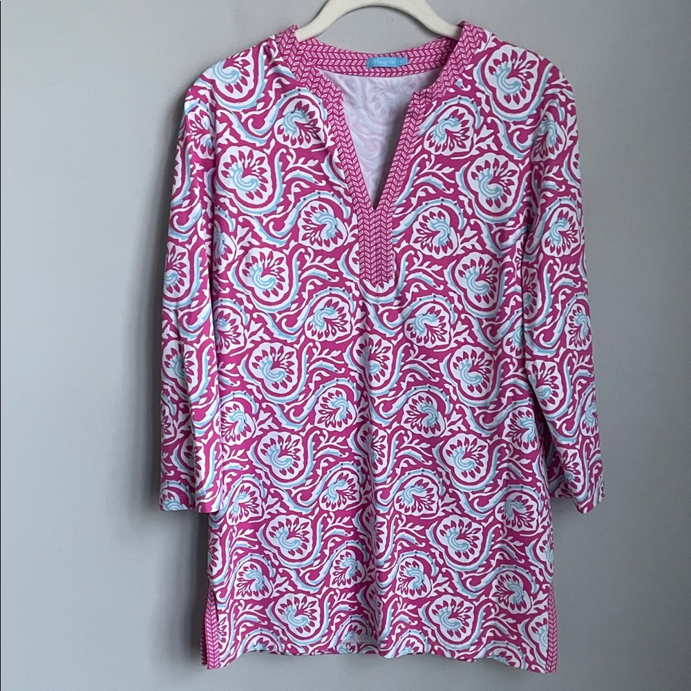 J. McLaughlin Pink and White Floral Catalina Cloth 3/4 Sleeve Tunic Top Medium